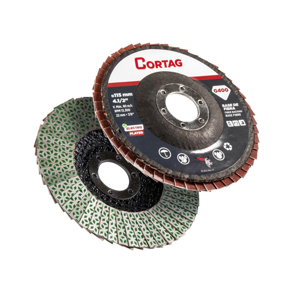 disco flap diamantado de Cortag que muestra su superficie para que se vea la diferencia con un disco de desbaste
